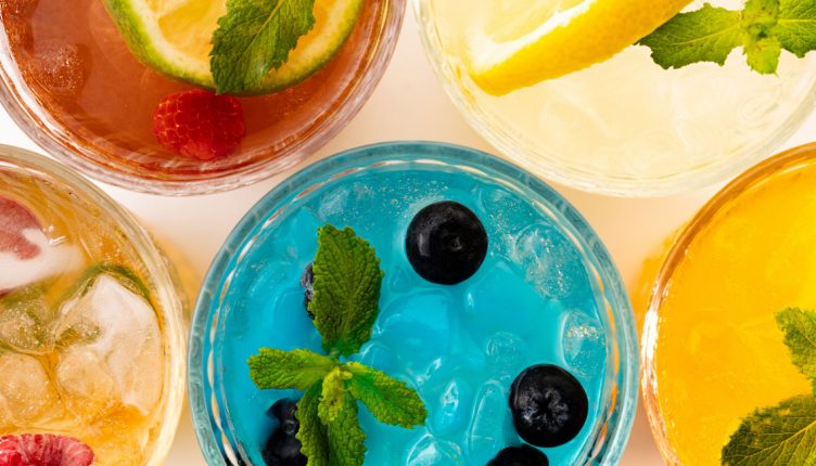 overhead-view-of-infused-water-and-fruit-drinks-in-glasses